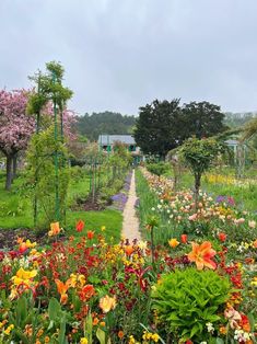 a garden filled with lots of flowers next to a lush green field full of trees