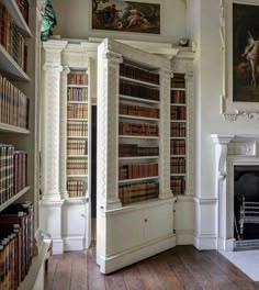 a room with many books on the shelves and a fire place in the corner next to it