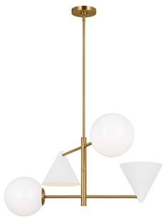 three light chandelier with white glass balls hanging from the bottom, and gold metal frame