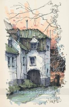 an ink drawing of a house with a green roof