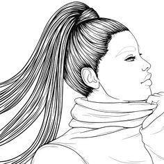 a drawing of a woman with long hair and scarf on her neck, looking to the side