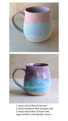 two mugs with different colors and designs on them, one is pink, the other is blue