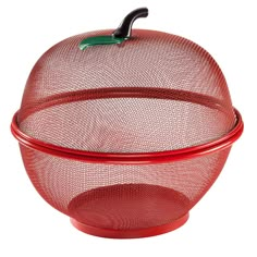 a red mesh strainer on a white background