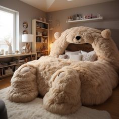 a large teddy bear sitting on top of a bed in a bedroom next to a window