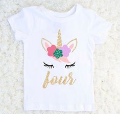 Unicorn Birthday Outfit - Birthday Glitter Unicorn Outfit - Fourth Birthday*****EXCITING NEWS! ALL orders to the US are now sent via USPS and come with tracking!*****Let everyone know your little girl is "FOUR" in this super adorable glitter unicorn tshirt! We can also customize number if your little one is celebrating a different birthday.This Sparkling Glitter is a non-shedding glitter and is machine washable in cold water. Please turn item inside out when washing. Glitter is also CPSIA certif Cute Unicorn Print Birthday T-shirt, Pink Unicorn Print T-shirt For Birthday, Dirty 30 Shirts, Second Birthday Outfit, Unicorn Birthday Shirt, 5th Birthday Girls, Third Birthday Shirt, Unicorn Birthday Outfit, Birthday Glitter