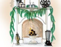 a drawing of a living room with a fireplace and potted plants on the mantle