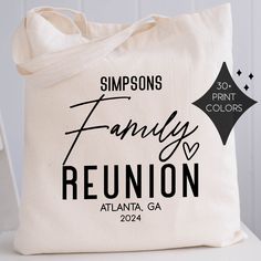 Celebrate your next family reunion with these personalized canvas tote bags.  Choose  our roomy, gusseted eco canvas tote bags with natural handles, our premium heavy canvas totes with black handles, our canvas drawstring backpacks, or 3 sizes of our popular drawstring favor bags. Customize your bags with the design color, your last name, and 1-2 lines of text. 𝗣𝗘𝗥𝗦𝗢𝗡𝗔𝗟𝗜𝗭𝗔𝗧𝗜𝗢𝗡 * Choose the design print color * Enter the name/text for "BLANK Family Reunion" (up to 15 characters) * Canvas Drawstring Backpack, Family Reunion Gifts, Personalized Canvas Tote, Vacation Bag, Family Reunion Planning, Lettering Style, Custom Tote Bags, Black Handle, Tie Knots