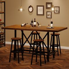 a dining table with four stools and bottles of wine on the top, in front of an empty shelf