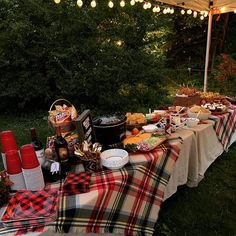 a picnic table covered with food and drinks in the evening light, outdoors at night