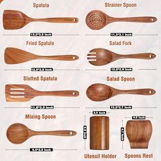 wooden utensils and spoons are labeled in different sizes, shapes, and colors