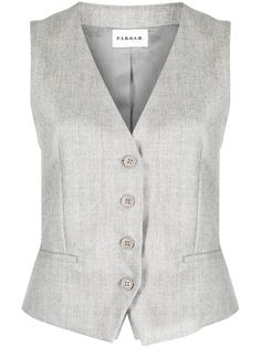 cool grey virgin wool blend V-neck front button fastening sleeveless two front jetted pockets adjustable strap to the rear straight hem Gentle Outfits, Grey Vest, Vest Designs, Airport Fashion, Outerwear Vest, Modular Sofa, Outerwear Women, Womens Vest, A R