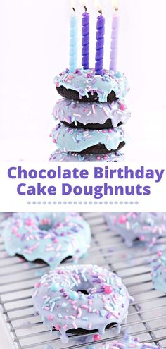 chocolate birthday cake doughnuts with blue frosting and sprinkles on a cooling rack