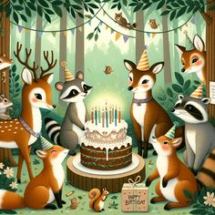 the birthday cake is surrounded by woodland animals