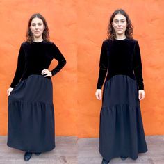 "Vintage Black Maxi Dress Top is stretch black velvet skirt is synthetic (rayon like) Skirt is tiered zips in back EUC Fit Med/Large Bust: 40-42\" Waist: 32-34\" Hip: 48\" Shoulder to hem: 55\" INSTAGRAM: @macabreatheart" Black Velvet Maxi Skirt, Crushed Velvet Maxi Skirt, 90s Velvet Maxi Dress, Goth Black Velvet Dress, Black Velvet Victorian Dress, Black Velvet Skirt, Velvet Maxi Dress, Velvet Skirt, Lovely Tops