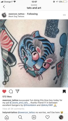 an image of a tiger tattoo on someone's leg and the caption says,