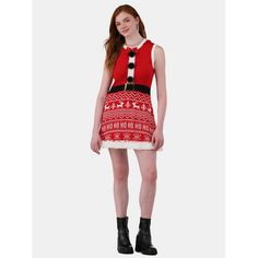 Festive and flirty, youll become the best Mrs. Claus with this Mrs. Claus Santa Sweater Dress from No Boundaries. Perfect for the next party and spreading holiday cheer, this fun dress features an inspired Mrs. Claus print with a front bow appliqu, pom-poms, and fun trims. Easy to wear with a pullover style, you can pair this dress with your favorite shoes or sparkly festive heels and be on your merry way. Only at Walmart. Size: S.  Color: Red.  Gender: female.  Age Group: adult. Santa Sweater, Santa Dress, Christmas Dress Women, Mini Tank Dress, Tie Dye Dress, Dyed Dress, Knee Dress, Red Outfit, Summer Dresses For Women