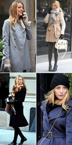 four different pictures of women in coats and hats on the street, one is talking on her cell phone