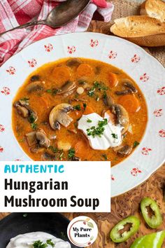 authentic hungarian mushroom soup with sour cream in a white bowl on a wooden table surrounded by bread and vegetables