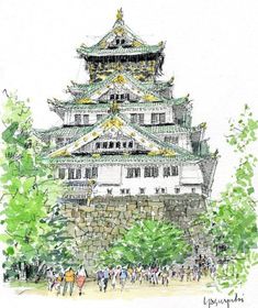 a drawing of a building with many people walking around it and trees in the foreground