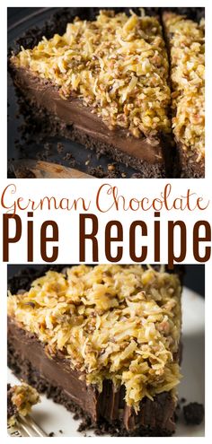 german chocolate pie with pecans on top and in the background, there is a slice missing