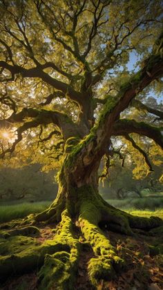 an old tree with moss growing on it's roots in the sunbeams