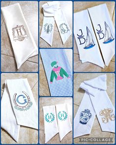 several different types of towels with monogrammed designs on them, including one for the letter h