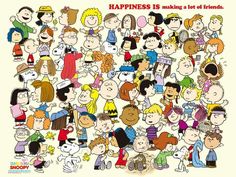 a group of cartoon characters with the words happyness is making a lot of friends