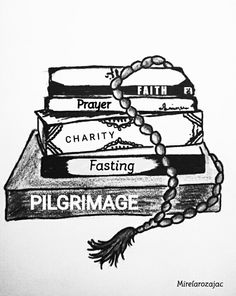 a black and white drawing of books stacked on top of each other, with the words plegimage written across them