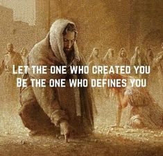 a man in a hooded jacket is kneeling down with his hands on his hips and the words, let the one who created you be the one who defines you