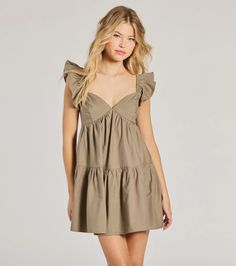 You'll be looking beyond precious in this babydoll dress - the perfect summer staple!  The ruffle trim shoulder straps and v-neckline create a delicate and alluring look, while the ruffled babydoll silhouette and side pockets add a touch of playful charm to the short-length hem. Complete the look in trendy sandals.Fit & FeaturesWoven fabric, bust lining, no stretchRuffle trim shoulder strapsV-necklineRuffle babydoll silhouetteSide pocketsRuns true to size Orange Homecoming Dresses, Damas Dresses, Dress Satin Bridesmaid, Purple Homecoming Dress, Backless Dress Short, Babydoll Dresses, Green Homecoming Dresses, Beach Wedding Guest Dress, Black Tie Wedding Guests