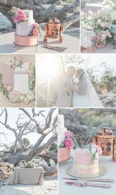 a collage of photos with wedding cake, flowers and other things on the table