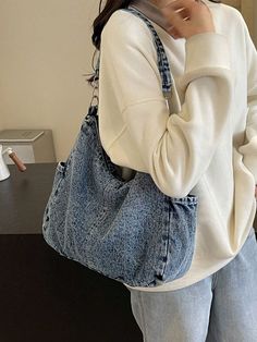 This Vintage Blue Distressed Slouchy Shoulder Bag is the perfect choice for college and work. Its stylish design and spacious interior make it ideal for everyday use. Made from high-quality materials, this bag is durable and long-lasting. Stay organized and effortlessly chic with this versatile bag. Color : Multicolor Details : Buckle, Drawstring Bag Size : Medium Style : Casual, Minimalist Type : Hobo Bag Strap Type : Adjustable Pattern Type : Letter, Plain, Textured Pattern Closure Type : Zipp My Style Bags, Denim Bags, Diy Bag Designs, Diy Bags Patterns, Denim Purse, Denim Shoulder Bags, College Work, Bags Vintage, Denim Tote Bags