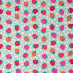 a blue background with strawberrys and daisies on the bottom right corner is an orange, red, and green polka dot design