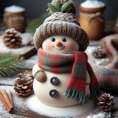 a snowman with a knitted hat and scarf