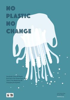 a poster with the words no plastic no change in black and white, on a blue background