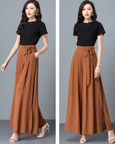 * Wide-leg skirt-shaped pants spun with high-quality chiffon fabric. * Wide waistband and A-line shape, make you look more taller and thinner. * With a same color belt and two side pockets. * With split on the hem and half lined. *Material: 100% chiffon *Let us know your regular size and overall height in your country. *The waist size and length can be customized. *Size: True to US size, can provide US 0 to US 20 , you can tell us your usual size and height when ordering. * Shipping: Free shippi Wide Leg Lined Skirt, High Waist Flowy Brown Skirt, Elegant Brown Full-length Maxi Skirt, Elegant Brown Full Length Maxi Skirt, Brown Long Skirt With Lining, Long Brown Lined Skirt, Brown Long Lined Skirt, Chic Full-length Brown Skirt, Chic Full Length Brown Skirt