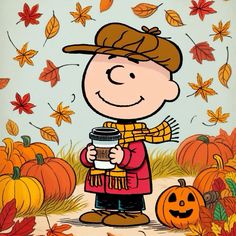 a charlie brown thanksgiving card with pumpkins and leaves