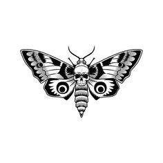 a black and white drawing of a butterfly with skull eyes on it's wings