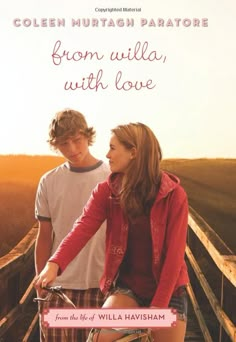 a young man and woman riding bikes on a bridge with the caption from julia, with love