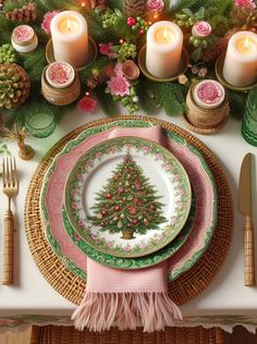 a christmas table setting with candles and plates