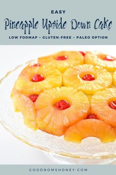 a pineapple upside down cake on a glass plate