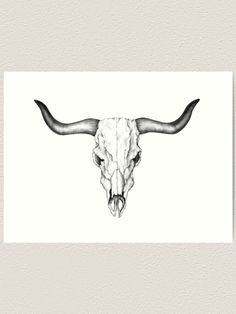 a black and white bull's skull with long horns on the side art print