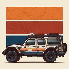 a white and orange jeep parked in front of a wood paneled wall with mountains