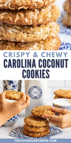 the recipe for crispy and chewy carolina coconut cookies is shown in this collage