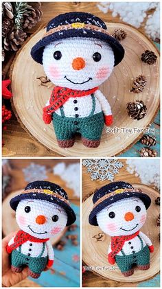 crocheted snowman with hat and scarf sitting on a wooden plate next to pine cones