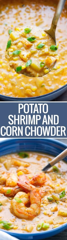 two pictures of shrimp and corn chowder with text overlay