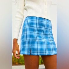 Nwt Brandy Melville John Galt California Pacsun Light Blue Plaid Pencil Fitted Mini Skirt With Two Front Slits & Zipper Closure At Back - Xs/S **New With Tags** Made In China 64% Polyester / 34% Viscose / 2% Spandex Women's One Size / Fits Size 23" - 25" Waist Approximate Flat Lay Measurements: Waist: 12" Length: 16" **Originally Priced At $26.00** Trendy Blue Mini Skort, Blue Short Mini Skirt For Fall, Trendy Blue Mini Skirt For Fall, Light Blue Fitted Mini Skort, Trendy Fitted Blue Skirt, Fitted Light Blue Mini Skort, Blue Skirted Bottoms For Fall, Light Blue Fitted Mini Skirt, Fitted Blue Skort With Lined Skirt