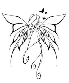 a black and white drawing of a fairy with wings