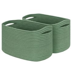 two green storage baskets sitting next to each other