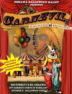 an advertisement for carnival with clowns and balloons